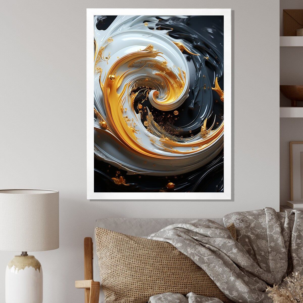 Designart "Liquid Gold Black And White Spiral Magic" Abstract Spirals Framed Wall Art Prints