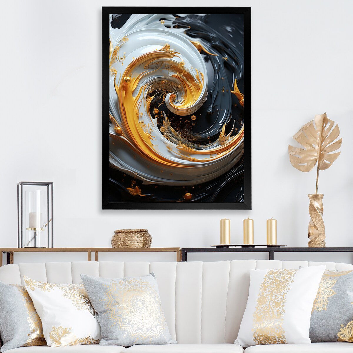 Designart "Liquid Gold Black And White Spiral Magic" Abstract Spirals Framed Wall Art Prints