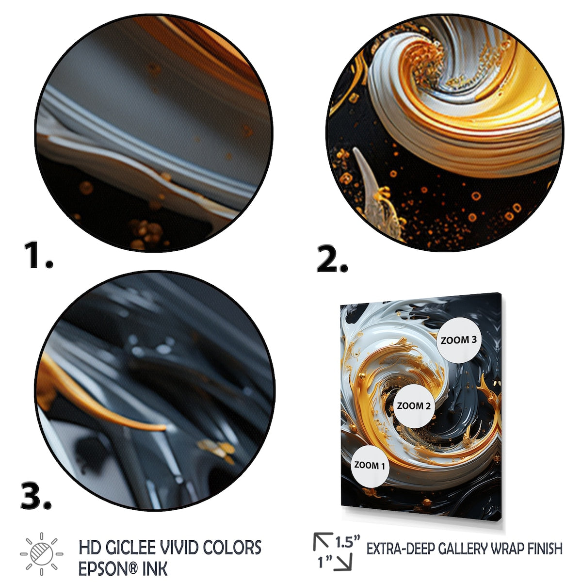 Designart "Liquid Gold Black And White Spiral Magic" Abstract Spirals Framed Wall Art Prints