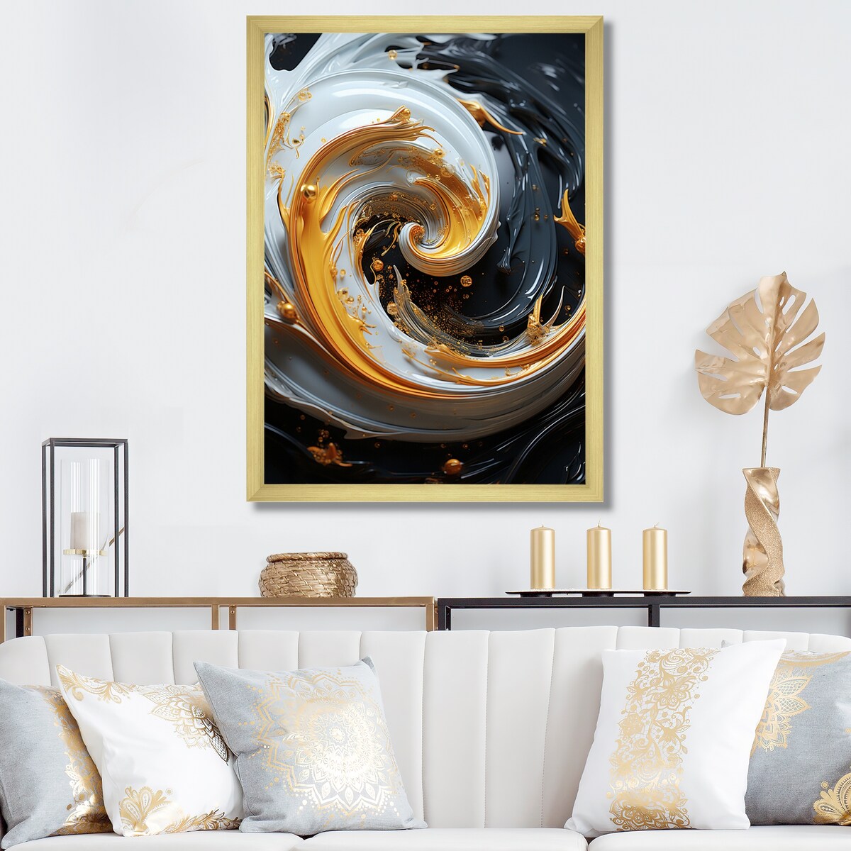 Designart "Liquid Gold Black And White Spiral Magic" Abstract Spirals Framed Wall Art Prints