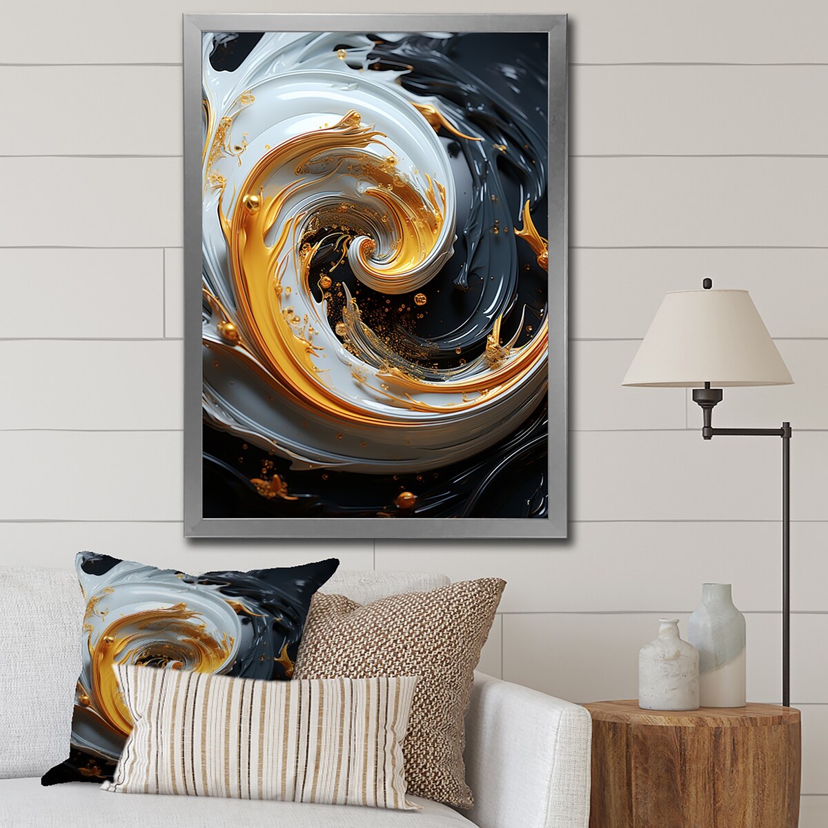 Designart "Liquid Gold Black And White Spiral Magic" Abstract Spirals Framed Wall Art Prints