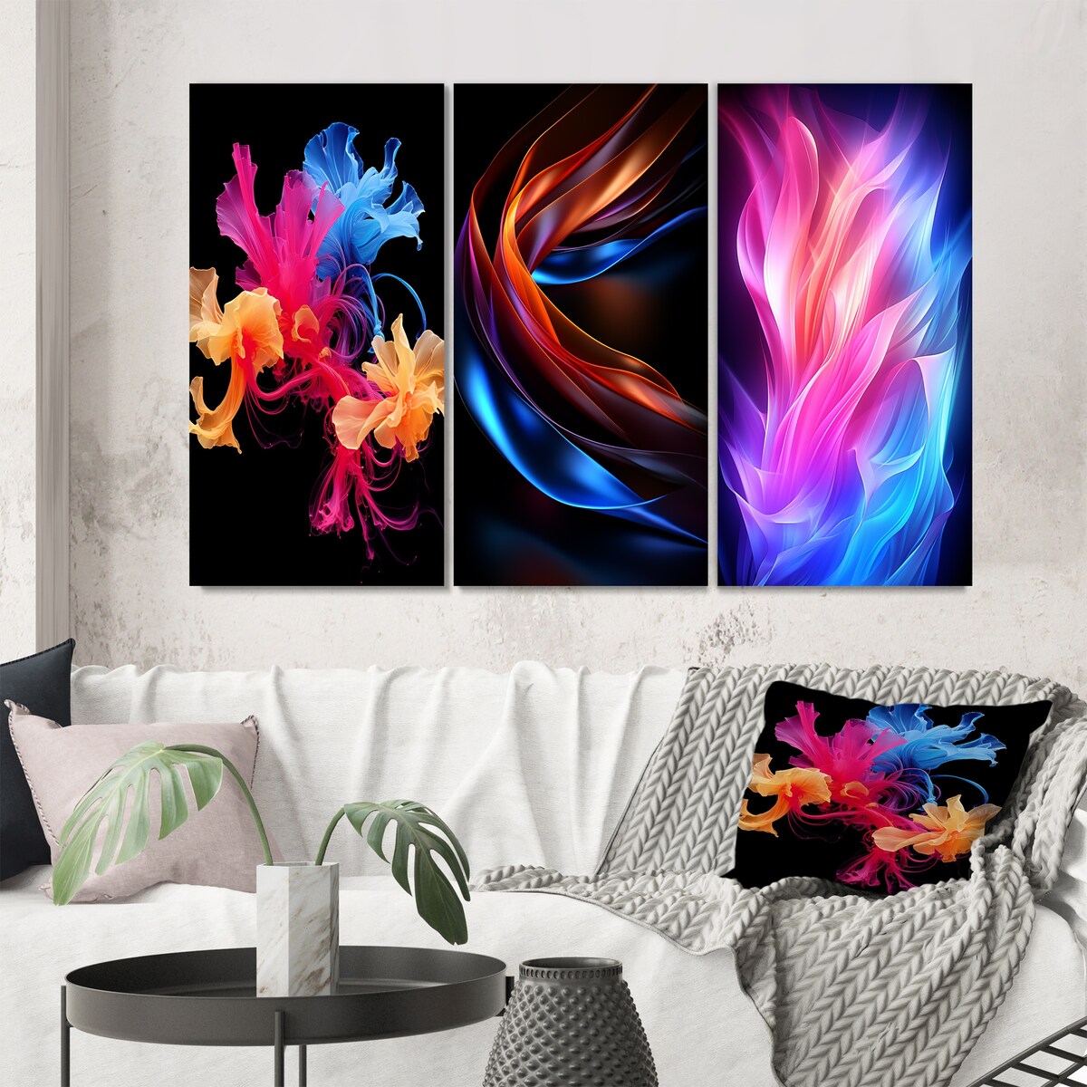 Designart "Liquid Ink Abstraction Pink Blue Orange" Abstract Liquid Ink Blue - Canvas Set Of 3 For Living Room Decor