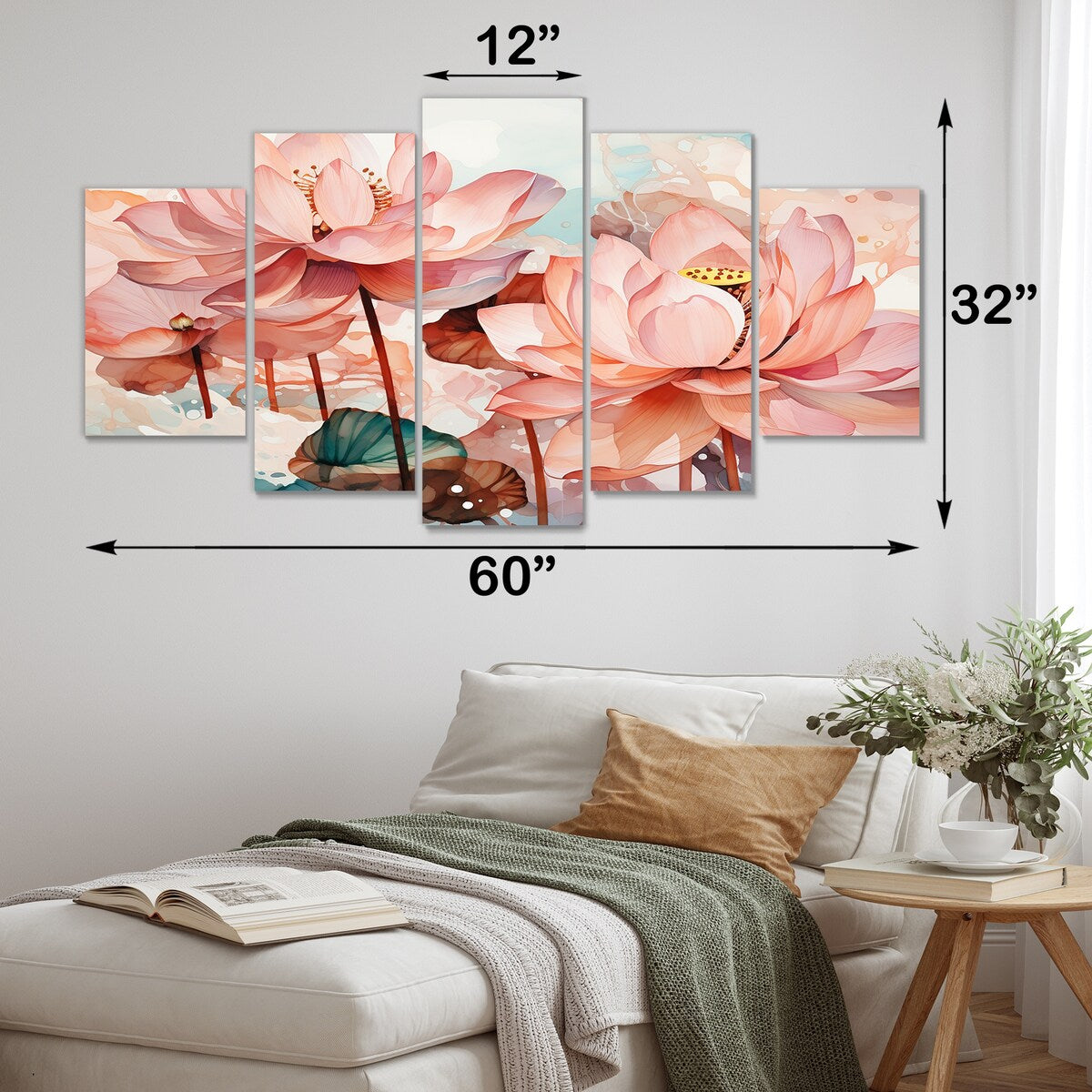 Designart "Lotus Pond Pink And Green China Ink" Pink China Art Set Of 5 Global Oversized Wall Decor Art For Living Room