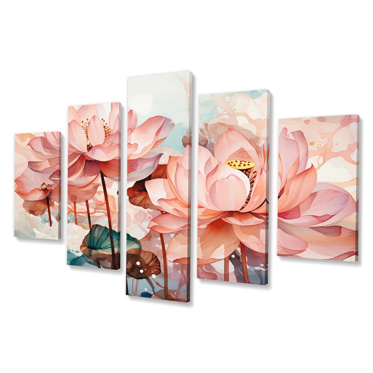 Designart "Lotus Pond Pink And Green China Ink" Pink China Art Set Of 5 Global Oversized Wall Decor Art For Living Room