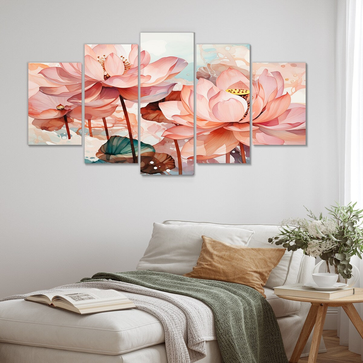 Designart "Lotus Pond Pink And Green China Ink" Pink China Art Set Of 5 Global Oversized Wall Decor Art For Living Room