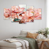 Designart "Lotus Pond Pink And Green China Ink" Pink China Art Set Of 5 Global Oversized Wall Decor Art For Living Room