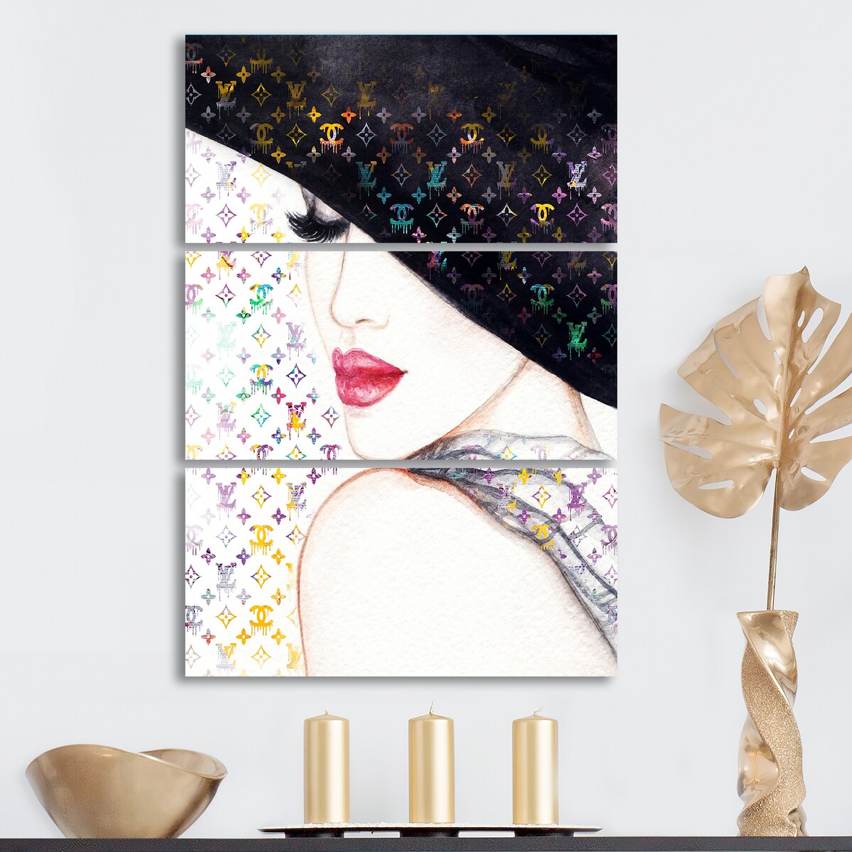 Designart "Luxurious Female Portrait With Hat I" Fashion Woman Canvas Art Print - 3 Panels