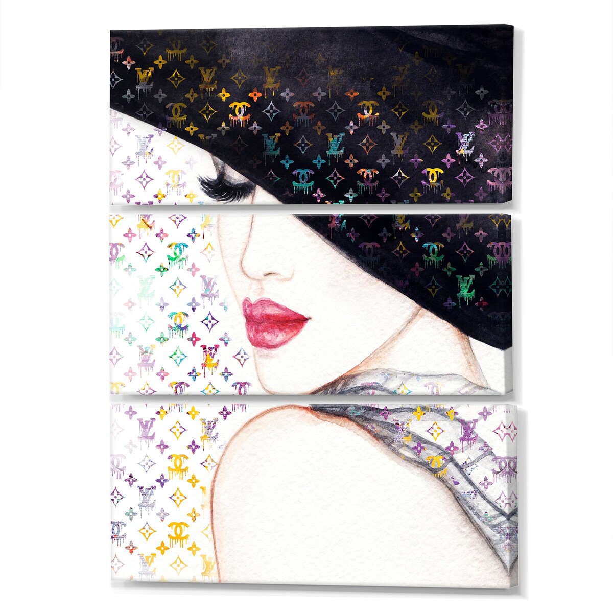 Designart "Luxurious Female Portrait With Hat I" Fashion Woman Canvas Art Print - 3 Panels