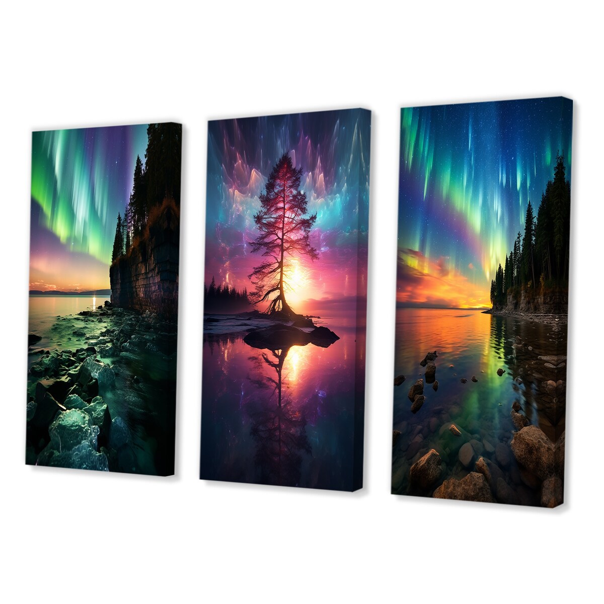 Designart "Magical Aurora Borealis Artic Lake Serenity IV" Northern Lights Green - Canvas Set Of 3 For Living Room Decor