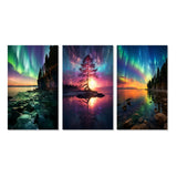 Designart "Magical Aurora Borealis Artic Lake Serenity IV" Northern Lights Green - Canvas Set Of 3 For Living Room Decor