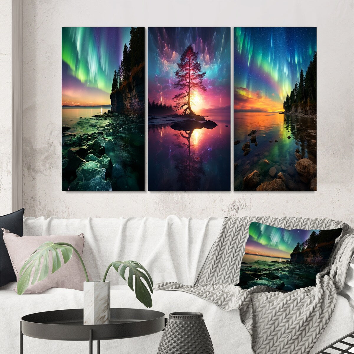 Designart "Magical Aurora Borealis Artic Lake Serenity IV" Northern Lights Green - Canvas Set Of 3 For Living Room Decor