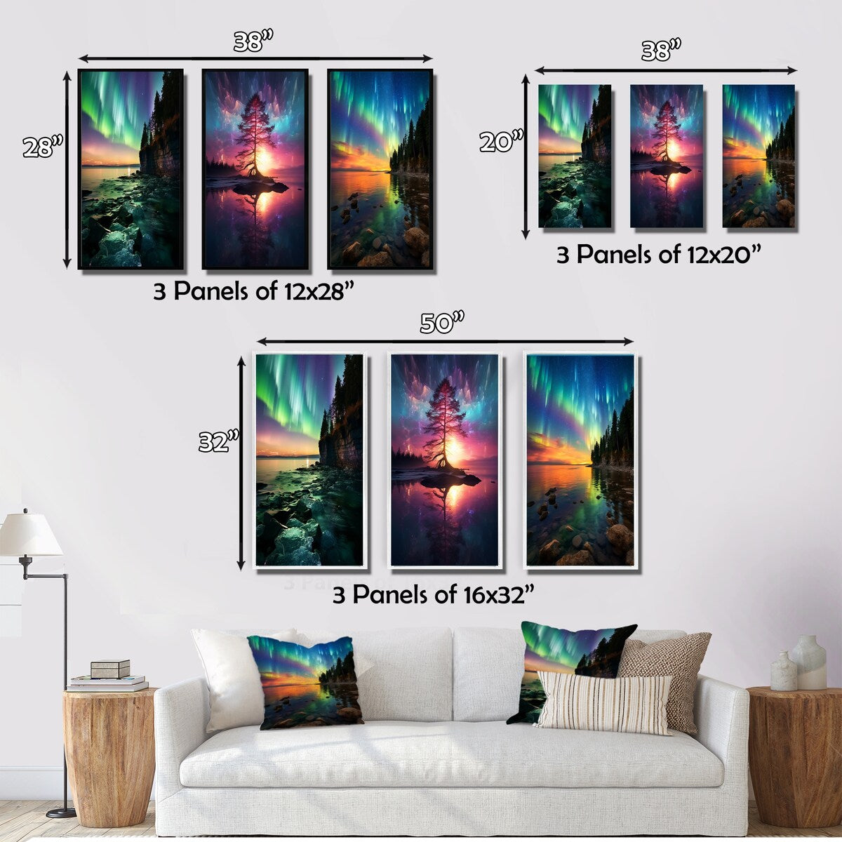 Designart "Magical Aurora Borealis Artic Lake Serenity IV" Northern Lights Green - Canvas Set Of 3 For Living Room Decor
