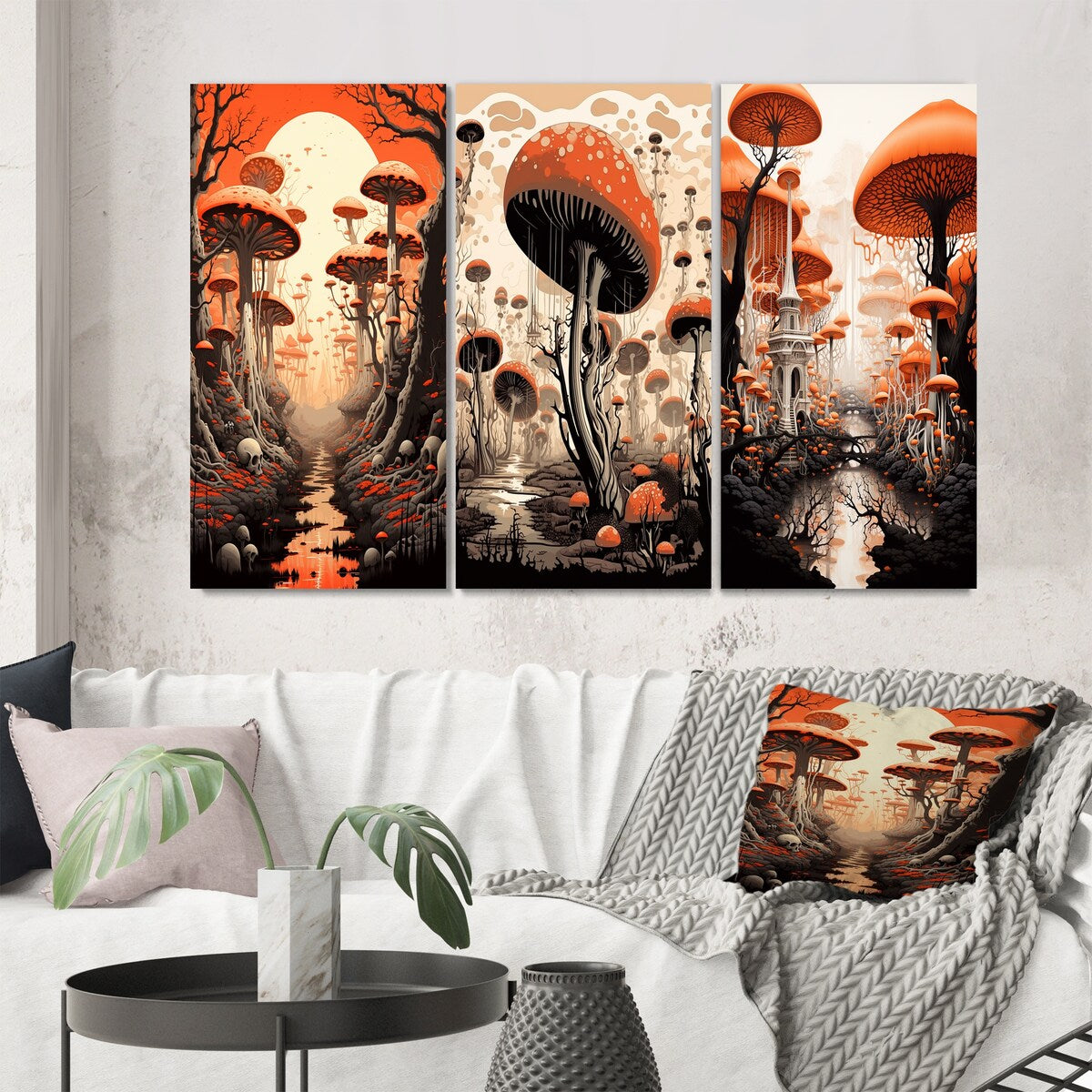 Designart "Magical Mushroom Vintage Landscape I" Abstract Landscape Orange - Canvas Set Of 3 For Living Room Decor
