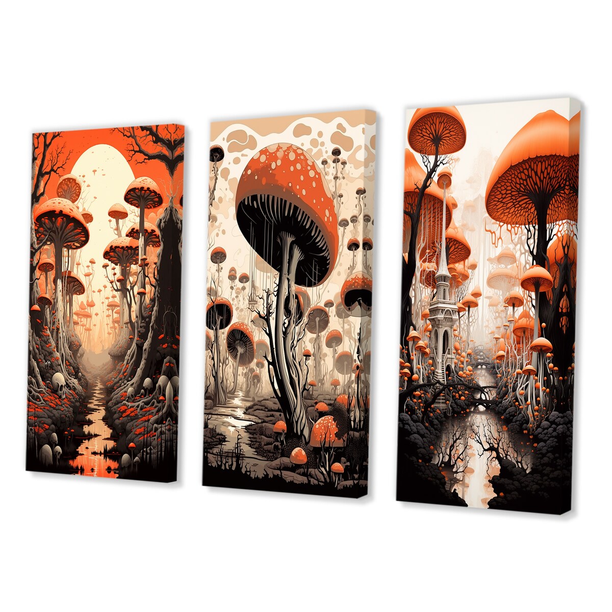Designart "Magical Mushroom Vintage Landscape I" Abstract Landscape Orange - Canvas Set Of 3 For Living Room Decor
