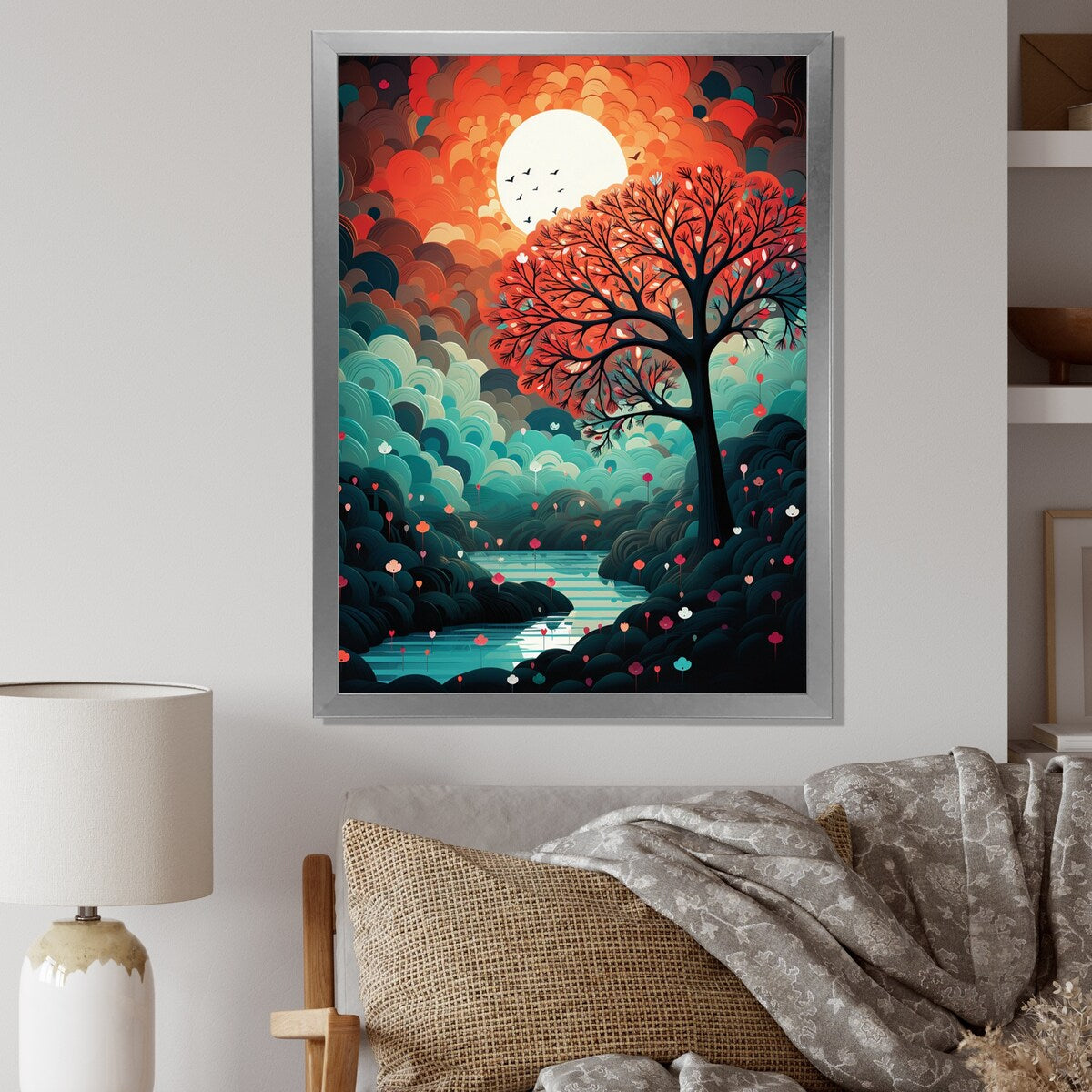 Designart "Magical Red Tree Next To Full Moon River" Animals Owl Framed Wall Art Living Room