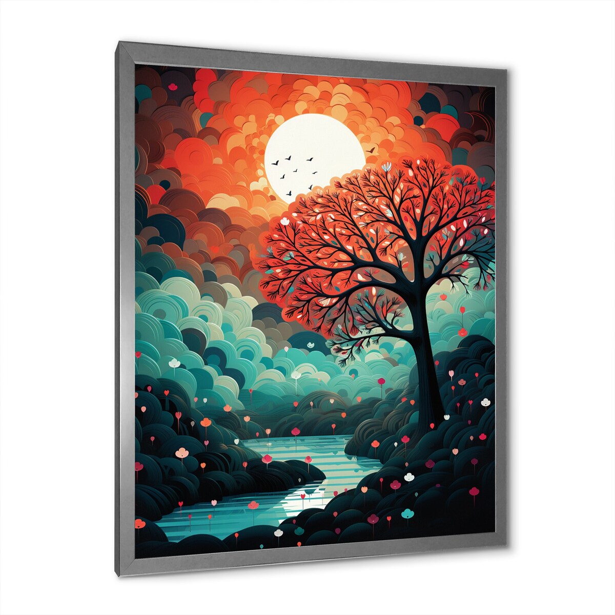 Designart "Magical Red Tree Next To Full Moon River" Animals Owl Framed Wall Art Living Room