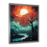 Designart "Magical Red Tree Next To Full Moon River" Animals Owl Framed Wall Art Living Room