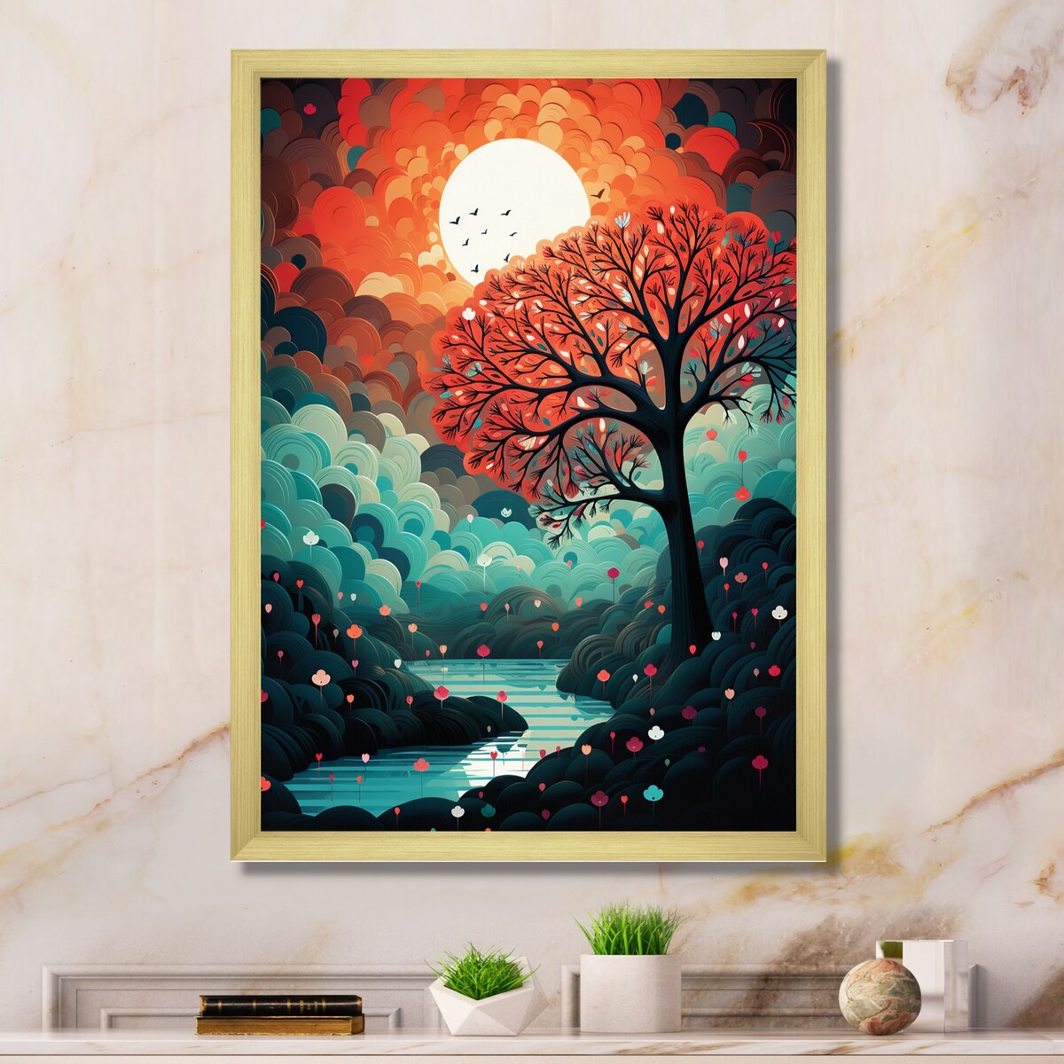 Designart "Magical Red Tree Next To Full Moon River" Animals Owl Framed Wall Art Living Room