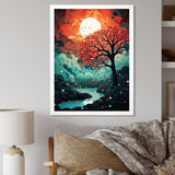 Designart "Magical Red Tree Next To Full Moon River" Animals Owl Framed Wall Art Living Room