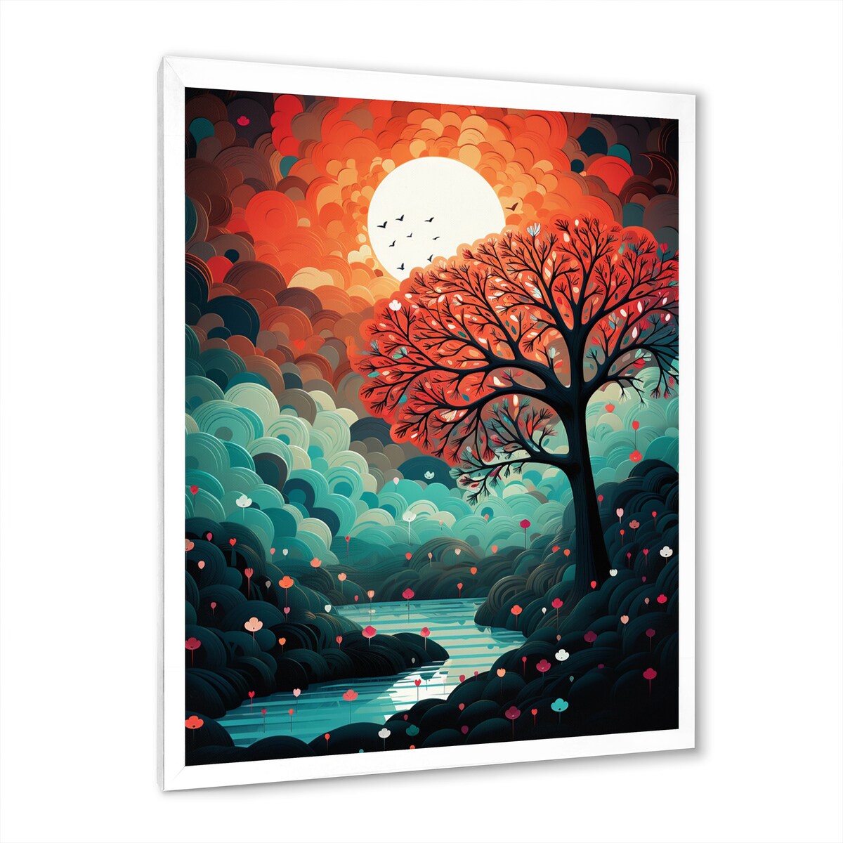 Designart "Magical Red Tree Next To Full Moon River" Animals Owl Framed Wall Art Living Room
