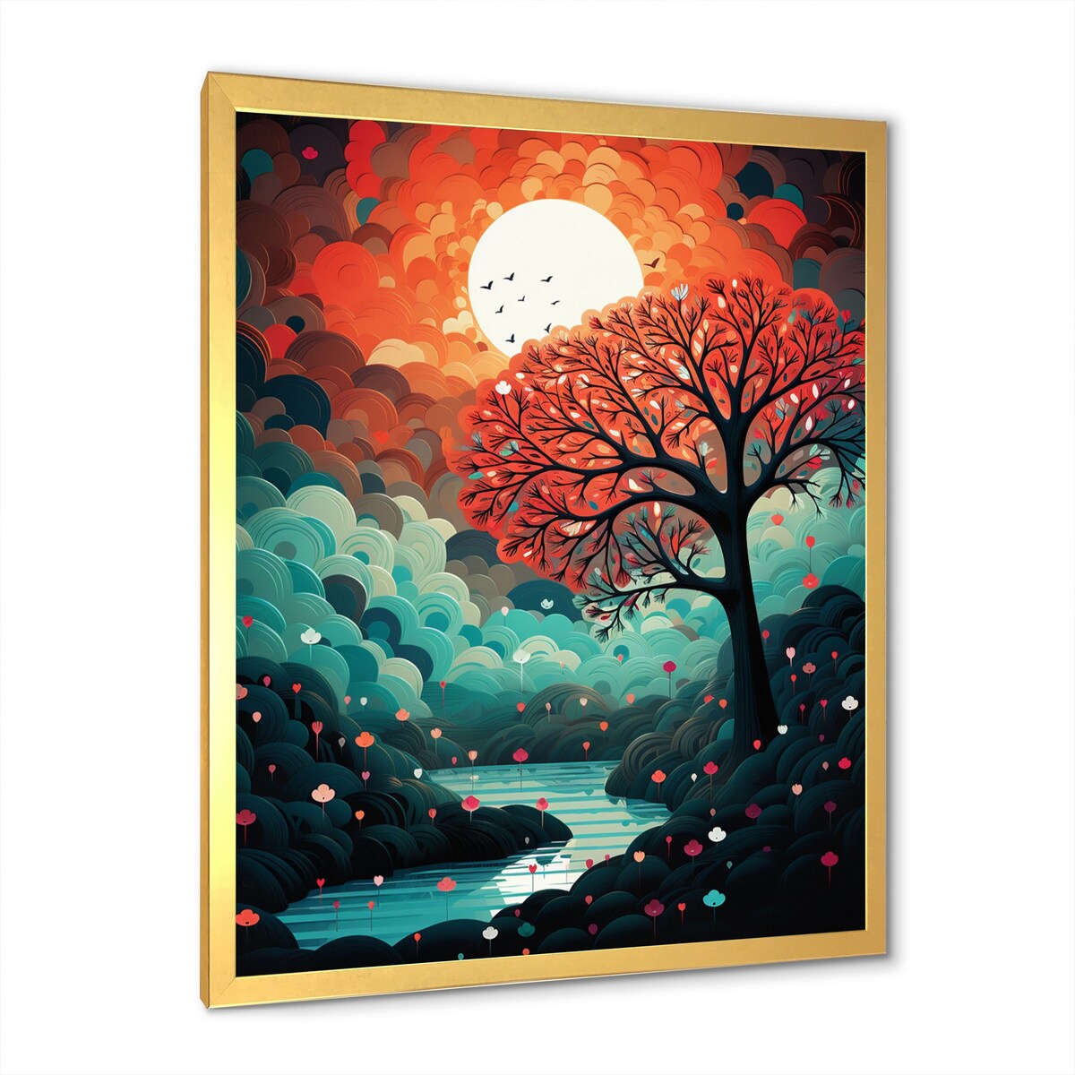 Designart "Magical Red Tree Next To Full Moon River" Animals Owl Framed Wall Art Living Room