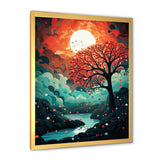 Designart "Magical Red Tree Next To Full Moon River" Animals Owl Framed Wall Art Living Room