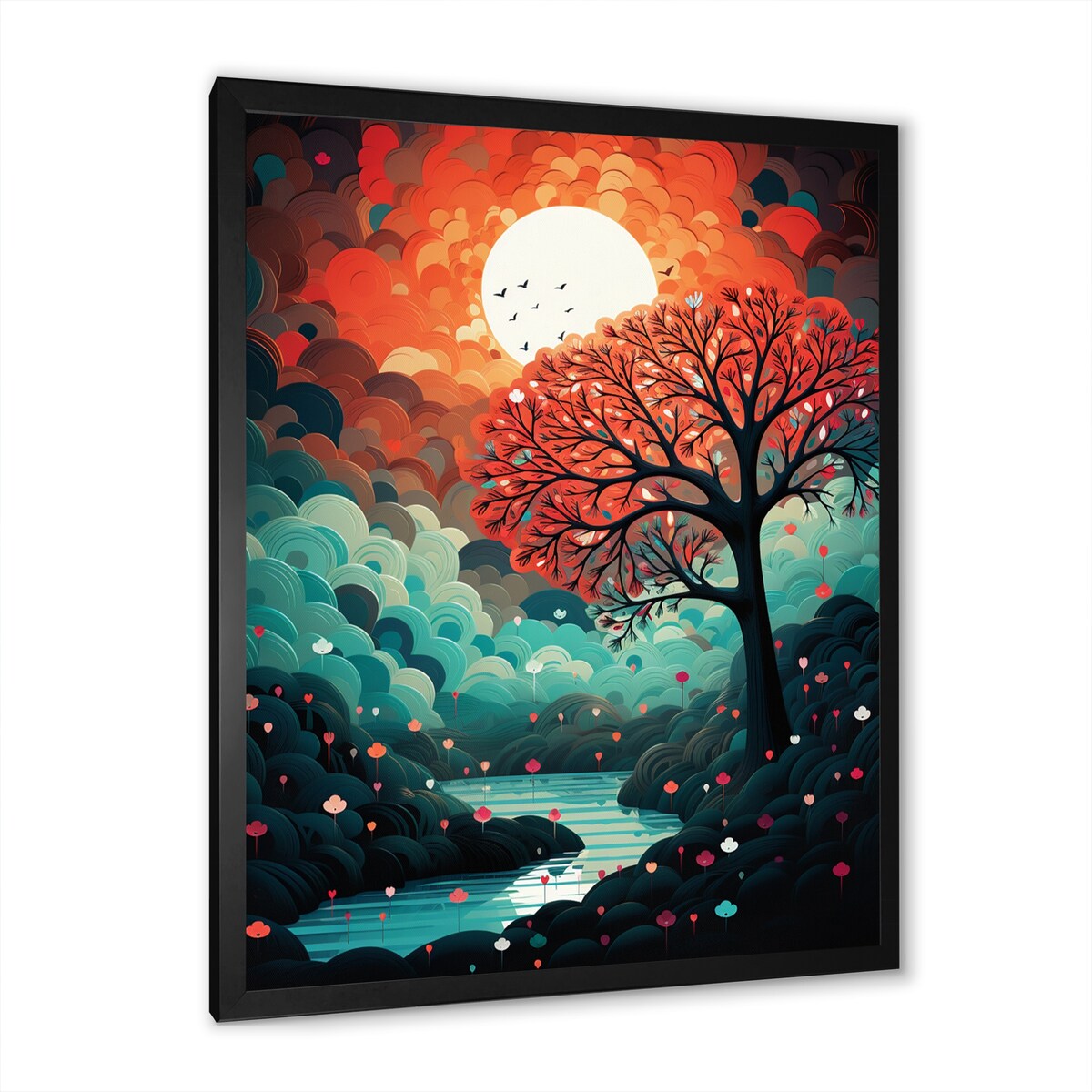 Designart "Magical Red Tree Next To Full Moon River" Animals Owl Framed Wall Art Living Room