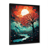 Designart "Magical Red Tree Next To Full Moon River" Animals Owl Framed Wall Art Living Room