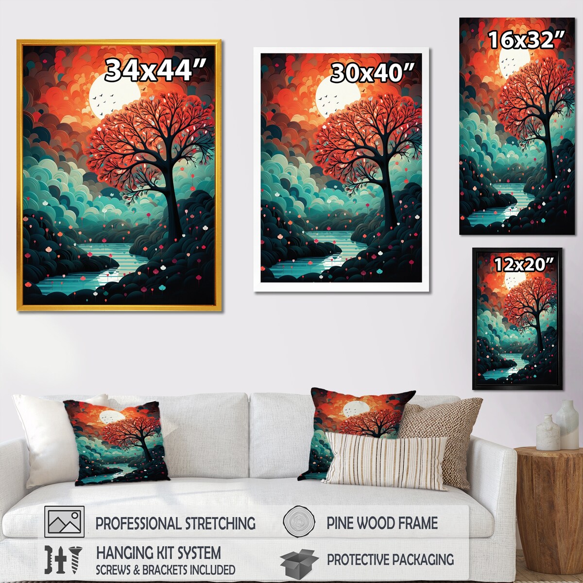 Designart "Magical Red Tree Next To Full Moon River" Animals Owl Framed Wall Art Living Room