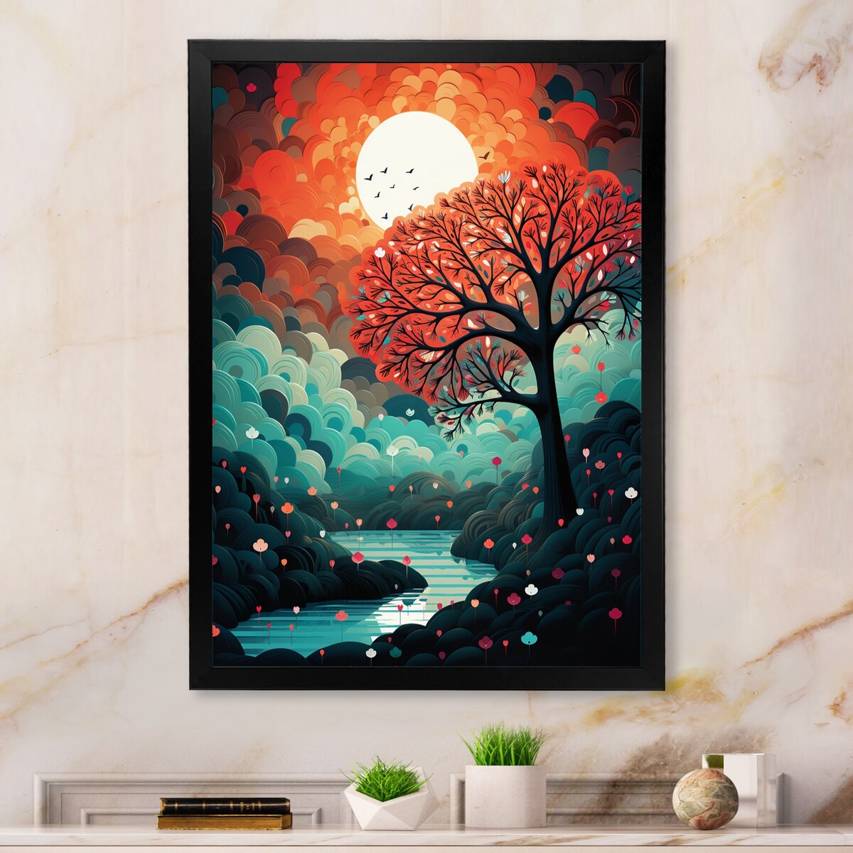 Designart "Magical Red Tree Next To Full Moon River" Animals Owl Framed Wall Art Living Room