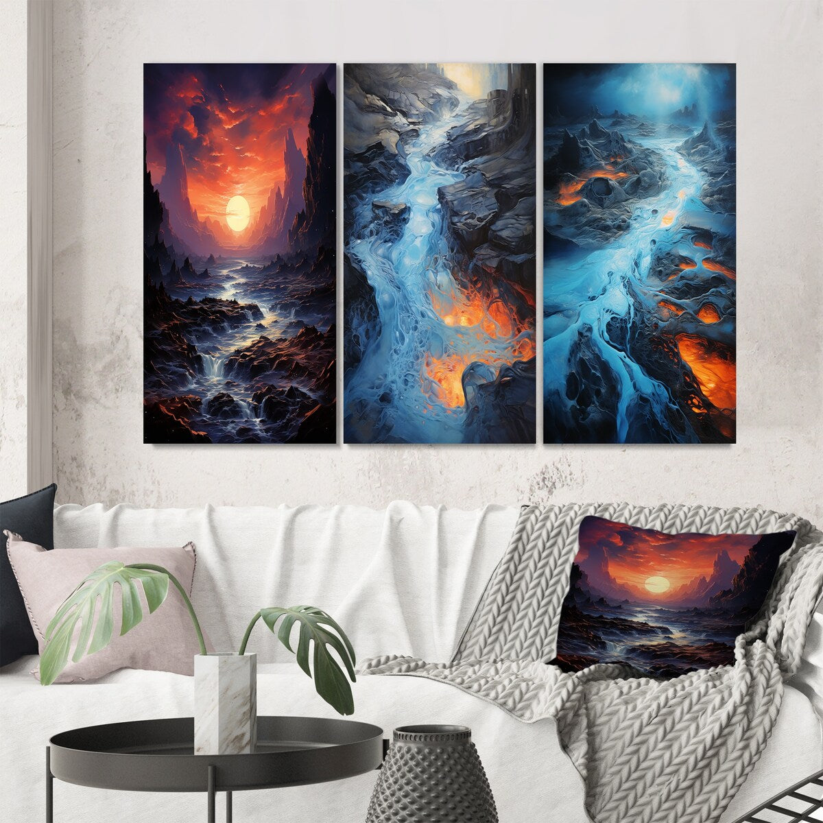 Designart "Magical Sunset Over Mountain River With Rocks" Meadow Purple - Canvas Set Of 3 For Living Room Decor