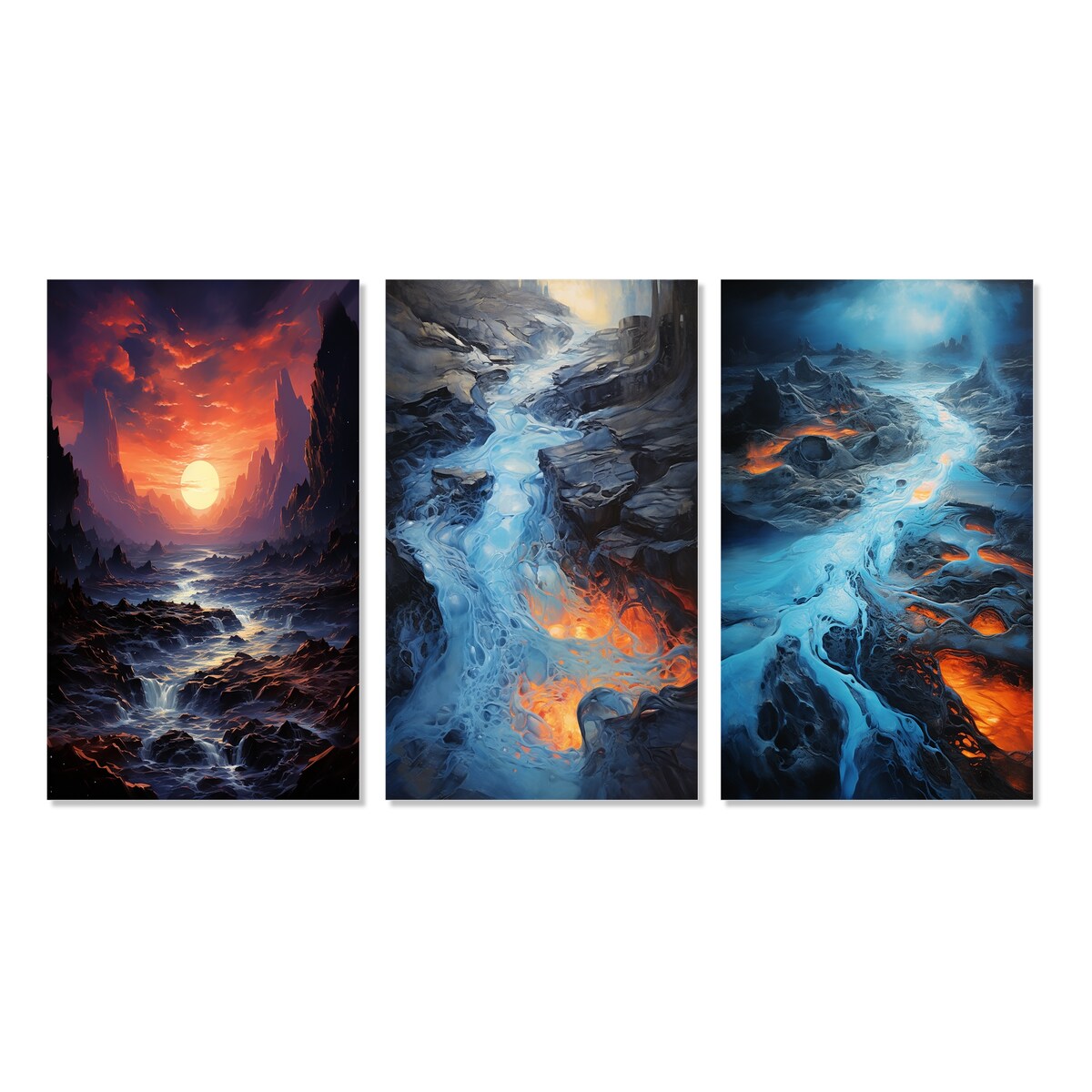 Designart "Magical Sunset Over Mountain River With Rocks" Meadow Purple - Canvas Set Of 3 For Living Room Decor