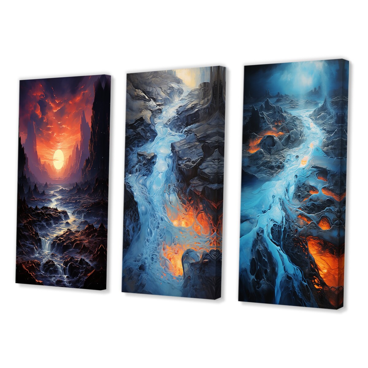 Designart "Magical Sunset Over Mountain River With Rocks" Meadow Purple - Canvas Set Of 3 For Living Room Decor