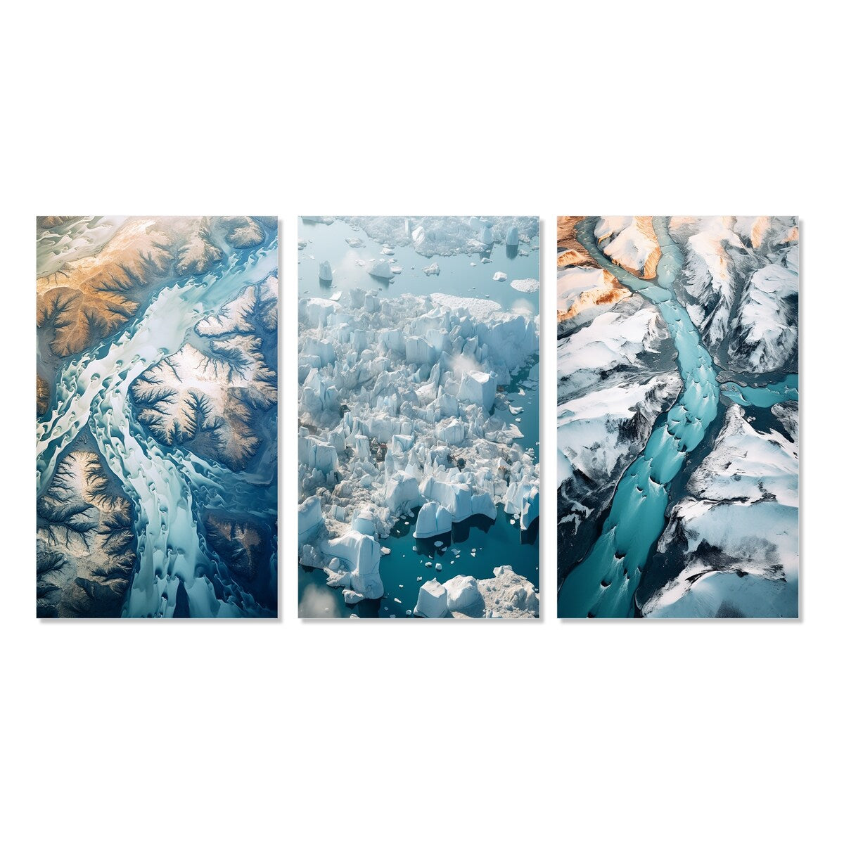 Designart "Majestic Aerial View Artic Rivers Icebergs II" Glacier Blue - Gallery Wall Set Of 3 For Home Decor