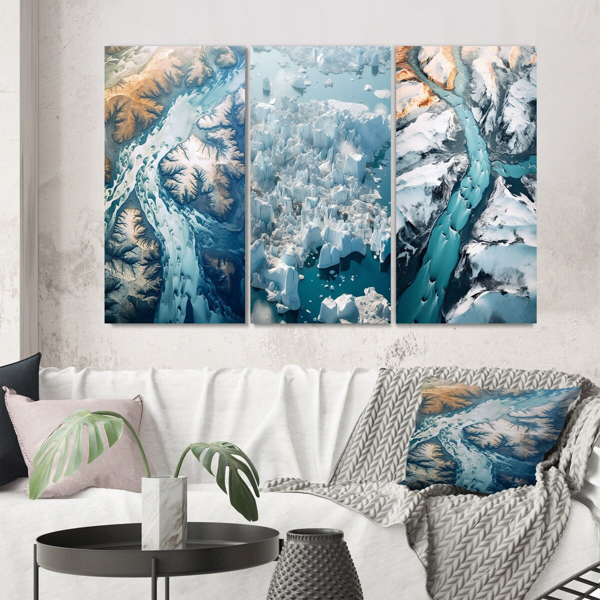Designart "Majestic Aerial View Artic Rivers Icebergs II" Glacier Blue - Gallery Wall Set Of 3 For Home Decor