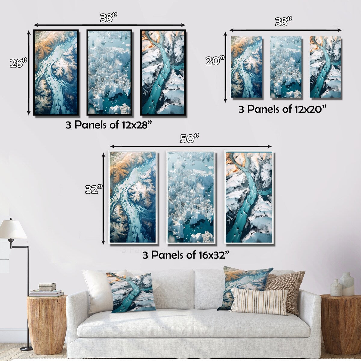 Designart "Majestic Aerial View Artic Rivers Icebergs II" Glacier Blue - Gallery Wall Set Of 3 For Home Decor