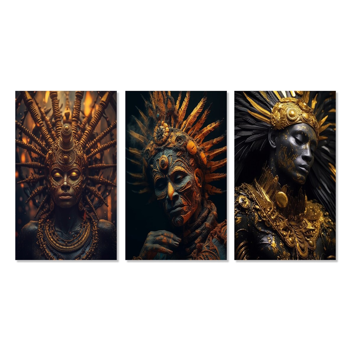 Designart "Majestic Glam Shaman Spiritual Wisdom III" Folk Religion Wall Art Set Of 3 - Gallery Wall Set For Home Decor