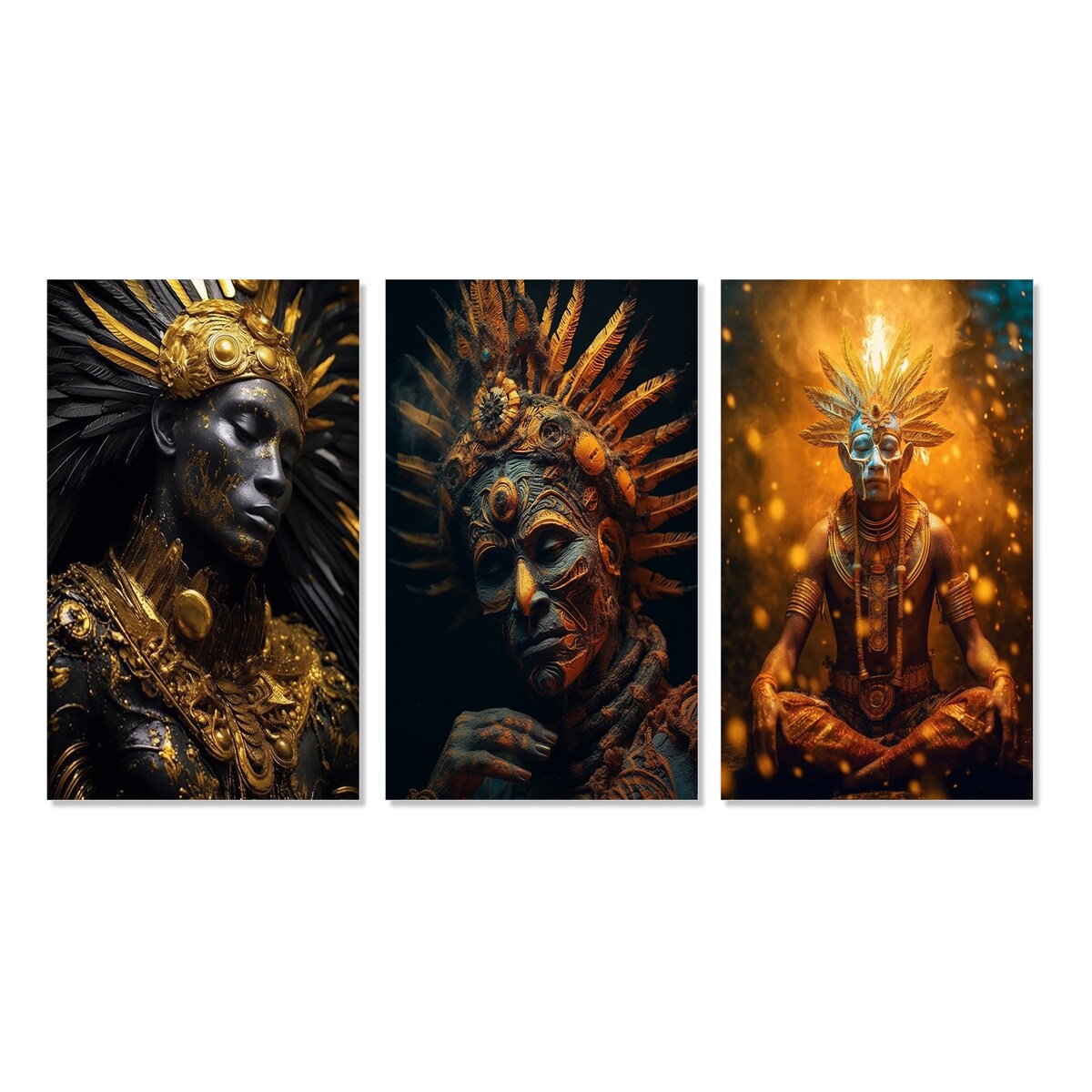 Designart "Majestic Glam Shaman Spiritual Wisdom II" Folk Religion Gold - Printed Art Set Of 3 For Bedroom