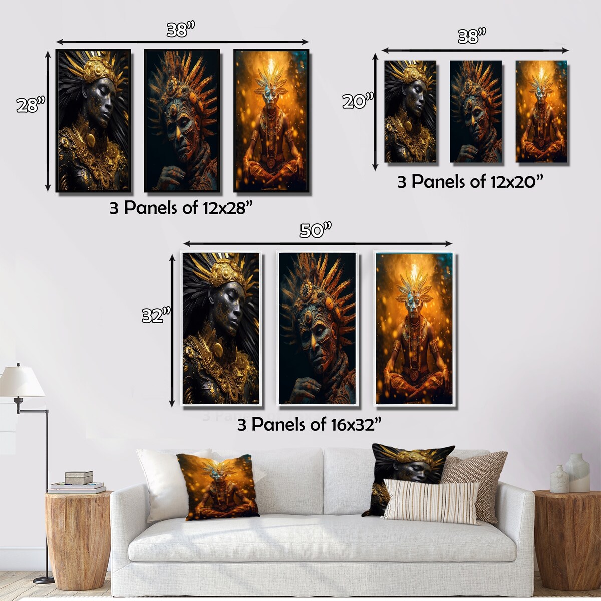 Designart "Majestic Glam Shaman Spiritual Wisdom II" Folk Religion Gold - Printed Art Set Of 3 For Bedroom