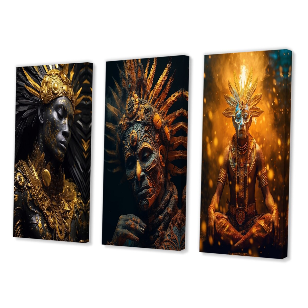 Designart "Majestic Glam Shaman Spiritual Wisdom II" Folk Religion Gold - Printed Art Set Of 3 For Bedroom