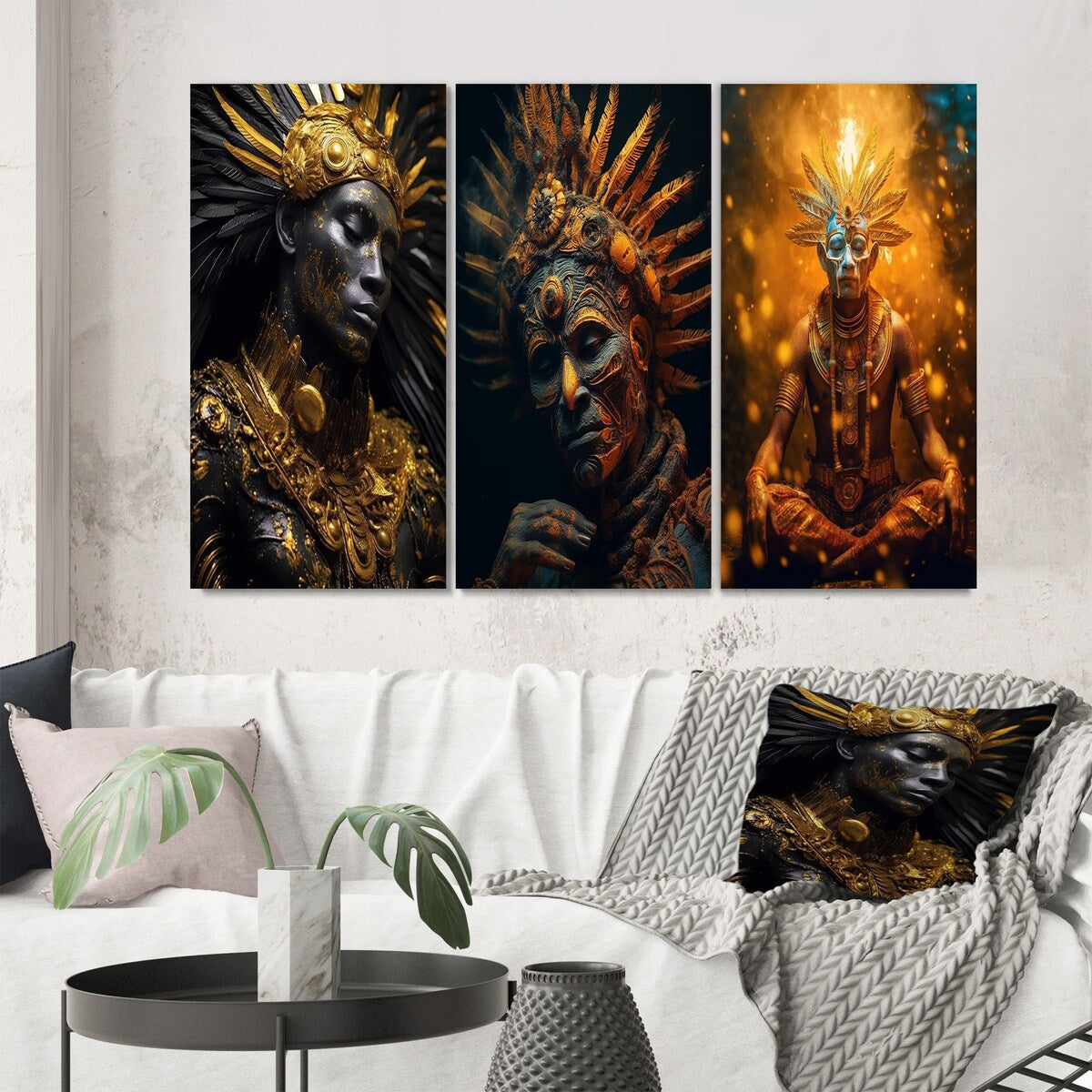 Designart "Majestic Glam Shaman Spiritual Wisdom II" Folk Religion Gold - Printed Art Set Of 3 For Bedroom