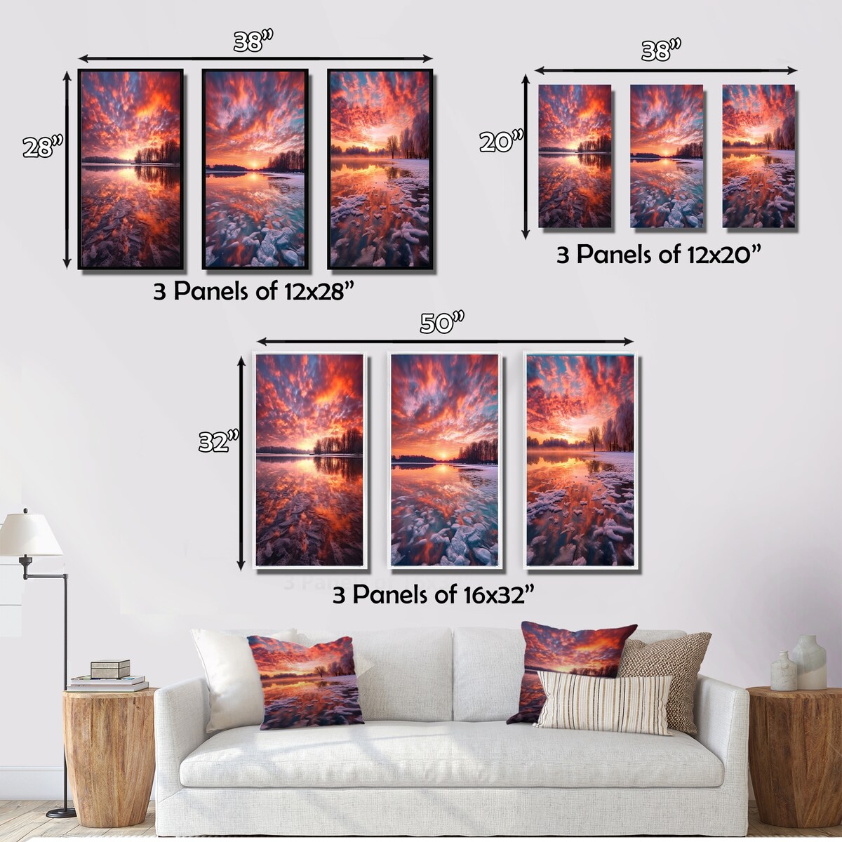 Designart "Majestic Sunshine Over Snowy Winter Lake IV" Lake Yellow - Canvas Set Of 3 For Living Room Decor