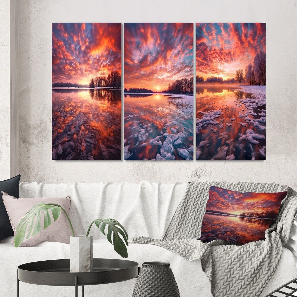 Designart "Majestic Sunshine Over Snowy Winter Lake IV" Lake Yellow - Canvas Set Of 3 For Living Room Decor