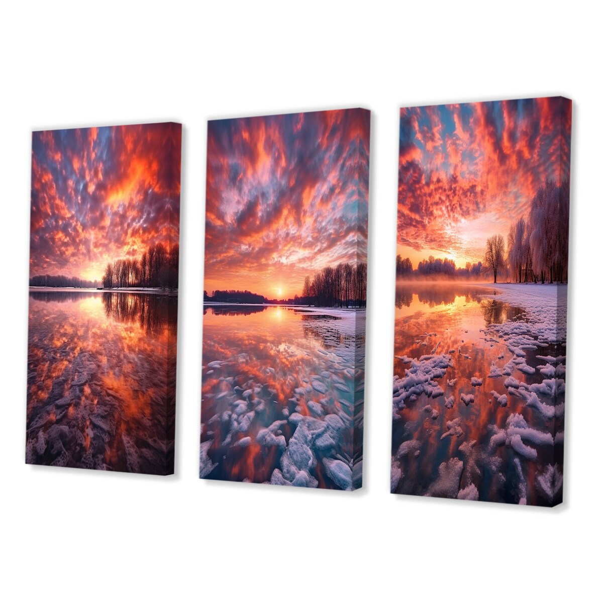 Designart "Majestic Sunshine Over Snowy Winter Lake IV" Lake Yellow - Canvas Set Of 3 For Living Room Decor