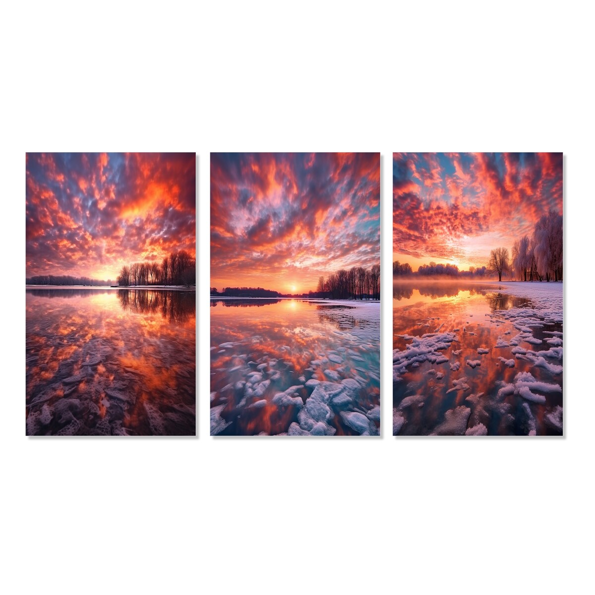 Designart "Majestic Sunshine Over Snowy Winter Lake IV" Lake Yellow - Canvas Set Of 3 For Living Room Decor