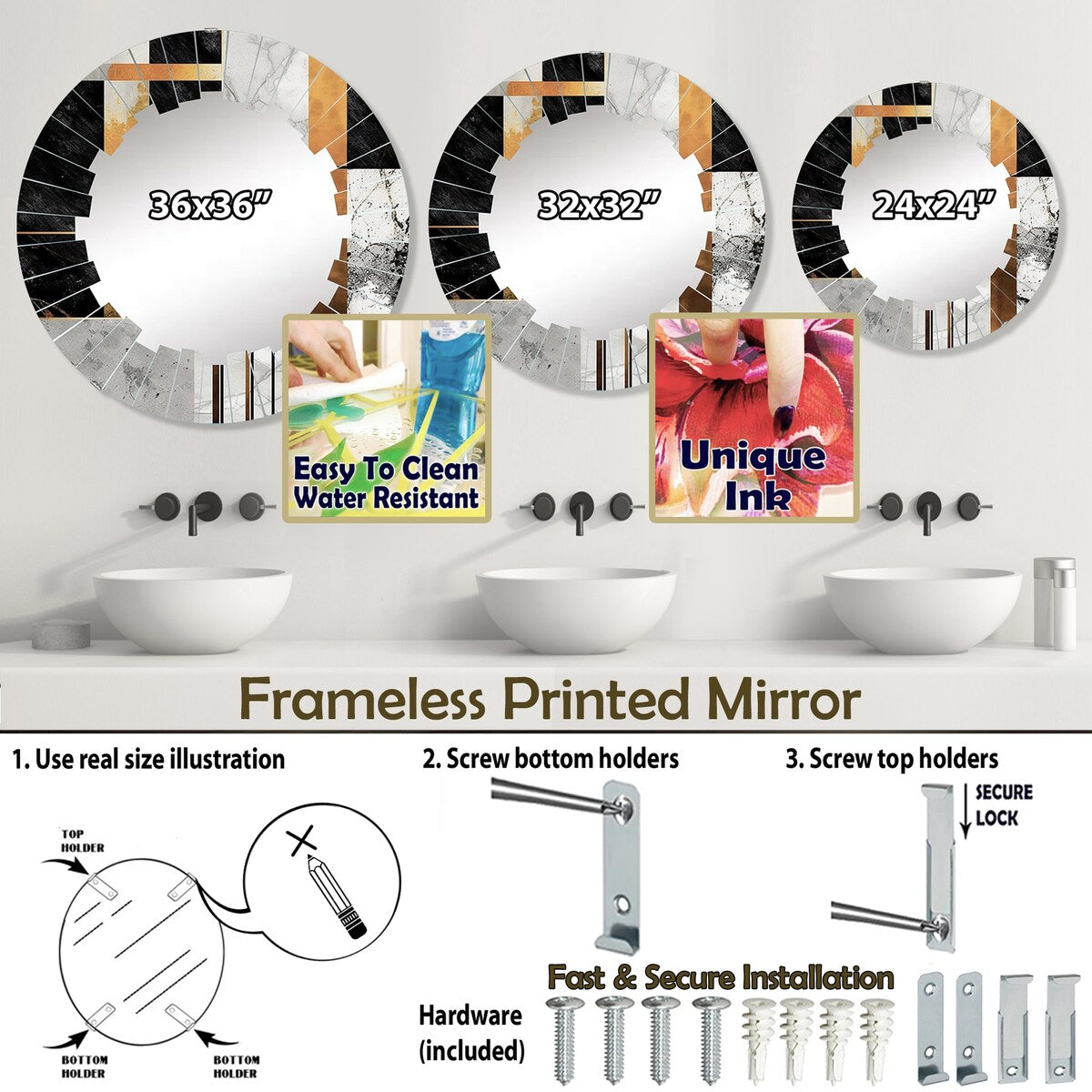Designart "Marble Granite Agate With Touches Of Gold VII" Modern Geometric Wall Mirror