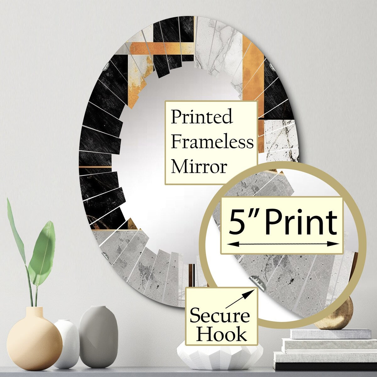 Designart "Marble Granite Agate With Touches Of Gold VII" Modern Geometric Wall Mirror