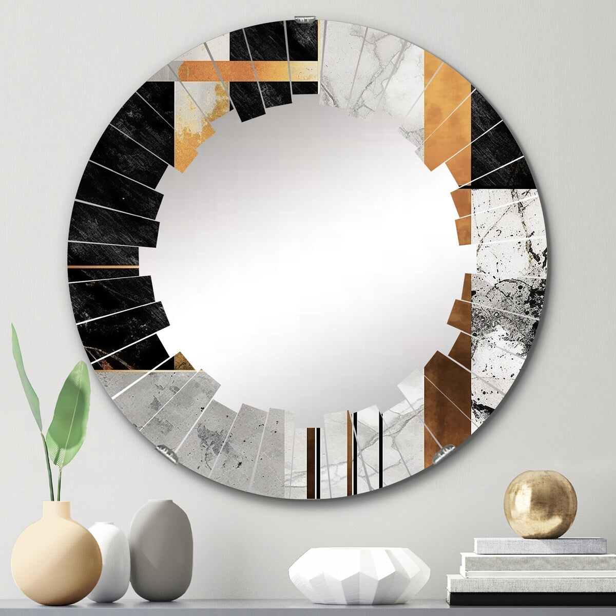 Designart "Marble Granite Agate With Touches Of Gold VII" Modern Geometric Wall Mirror