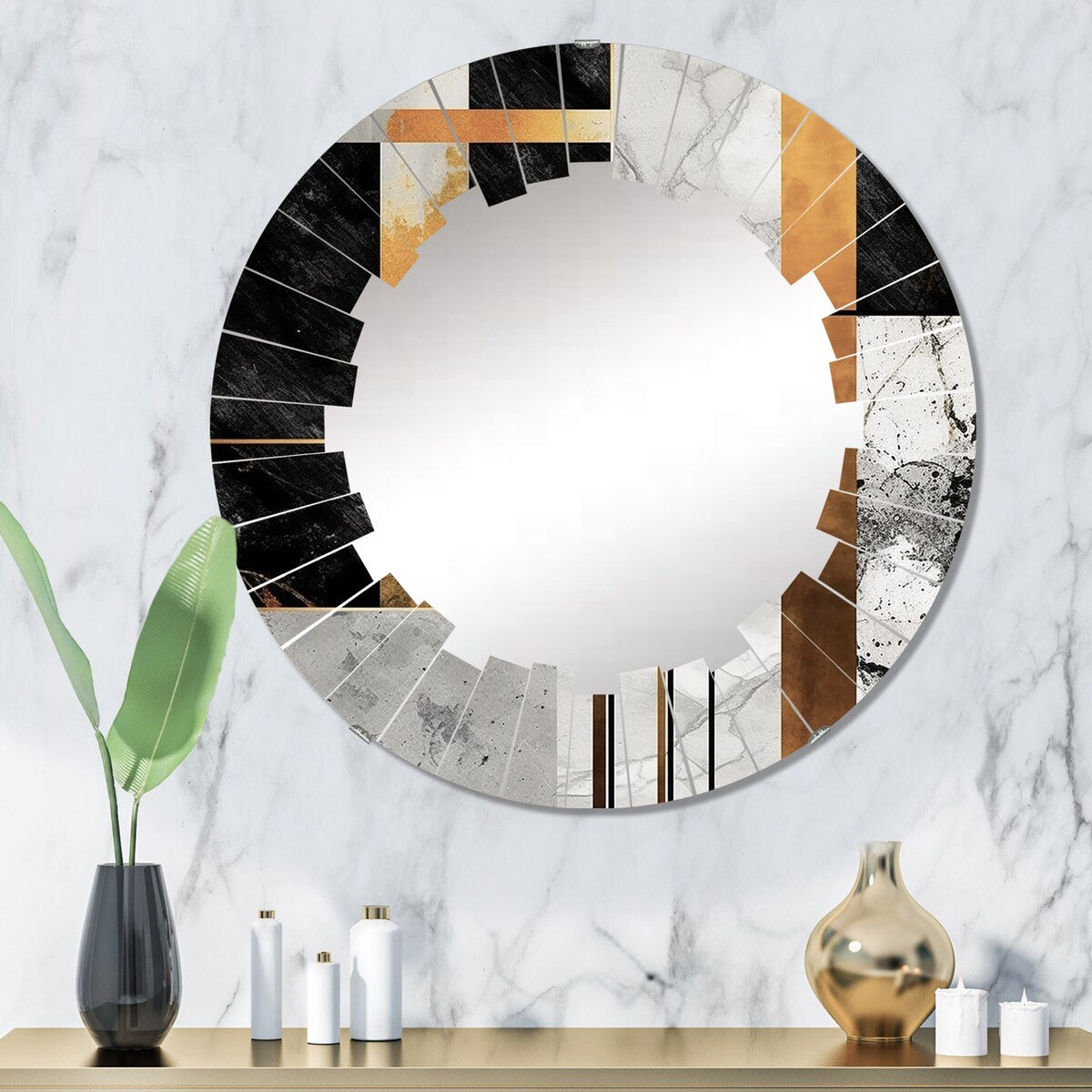 Designart "Marble Granite Agate With Touches Of Gold VII" Modern Geometric Wall Mirror