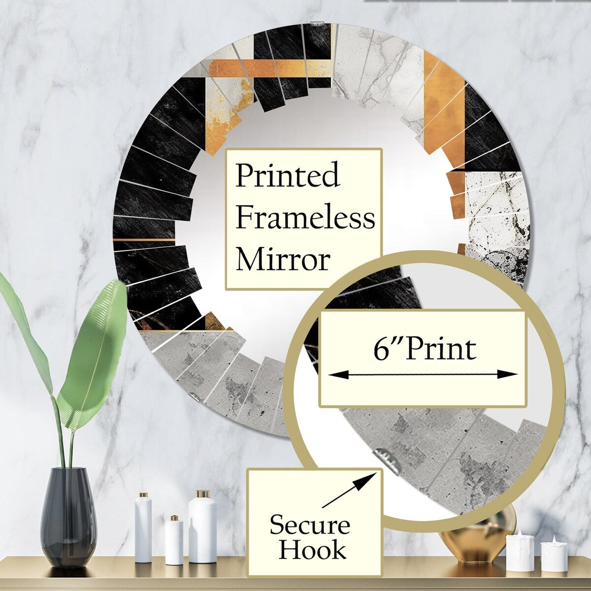 Designart "Marble Granite Agate With Touches Of Gold VII" Modern Geometric Wall Mirror
